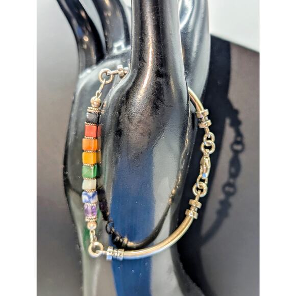 Vintage 925 Sterling Silver Natural Stone Square Bead Bar Link Bracelet - Picture 2 of 5